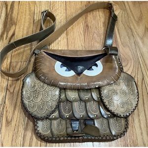 Large brown leather owl bag. Hand made.